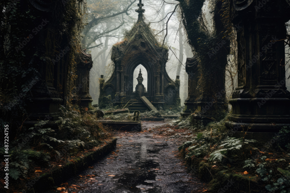 Old crypt and tombs in an abandoned cemetery