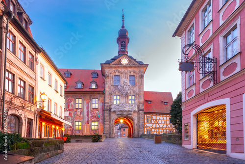 Old town hall or Altes Rathaus and Upper Bridge in Old town at blue hour  Bamberg  Bavaria  Germany
