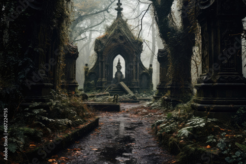 Old crypt and tombs in an abandoned cemetery