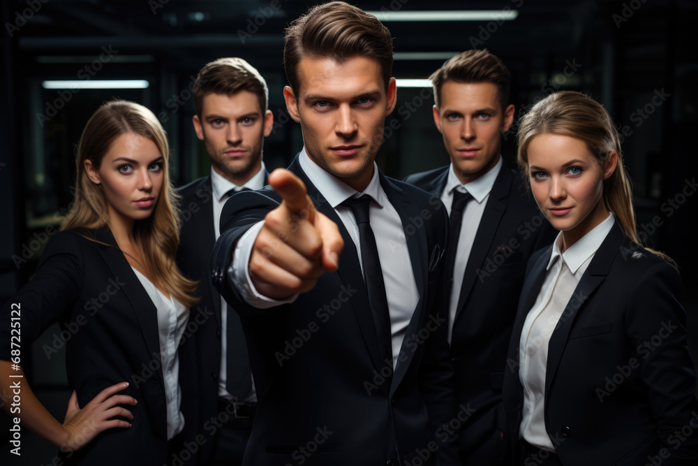 Businessman points his finger at you in front of his team - obrazy, fototapety, plakaty 