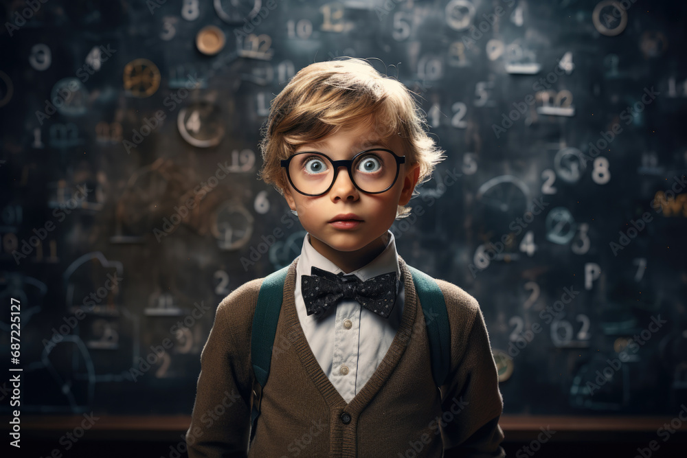 Scared frightened boy schoolboy on the background of school blackboard Scared frightened boy schoolboy on the background of school blackboard