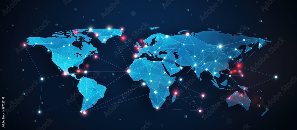 Abstract digitally connection world map in wireframe style - obrazy, fototapety, plakaty 