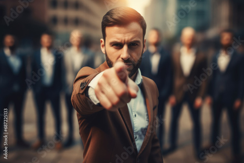 Businessman points his finger at you in front of his team