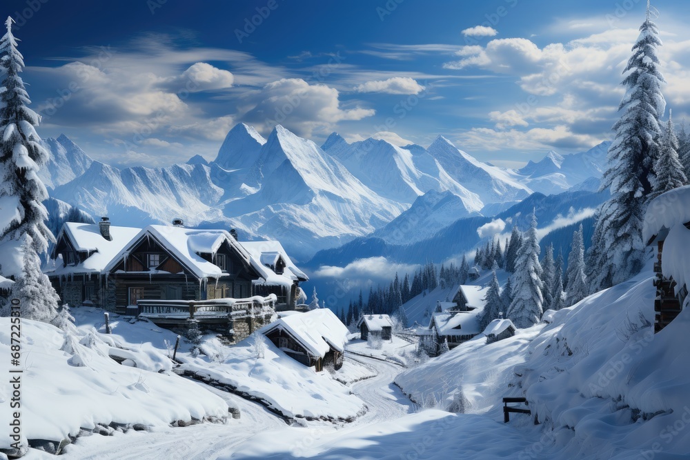 A wintry wonderland emerges as the houses and trees stand tall against the freezing winds, while the glacial landforms and snow-covered mountains create a breathtaking backdrop under the stormy skies