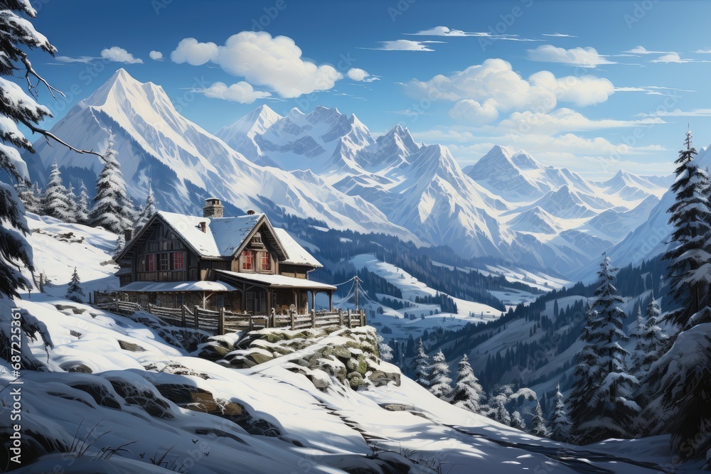 Amidst a winter wonderland of glacial peaks and frosted trees, a cozy house perched on a snowy mountain beckons with promises of warmth and serenity
