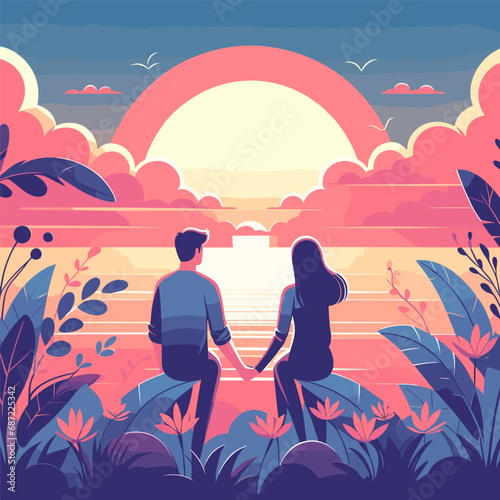 Romantic Sunset Vector Art - Love Couples Holding Hands