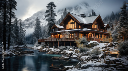 Snowbound Serenity: Cozy Wooden Cabin Retreat. Generative AI © Sascha