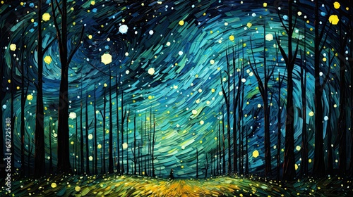 Starry sky with fireflies in style of Van Gogh oil painting