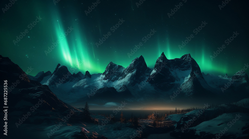 Northern Lights. Ethereal beauty of the Aurora Borealis. Night mountains, fjords and lakes Northern Lights. Ethereal beauty of the Aurora Borealis. Night mountains, fjords and lakes