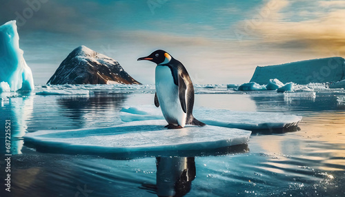 Penguin floating on melting ice, generated by AI