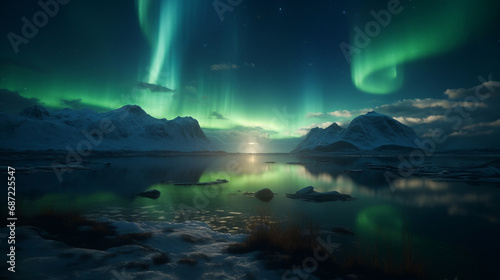Northern Lights. Ethereal beauty of the Aurora Borealis. Night mountains, fjords and lakes © Vladimir