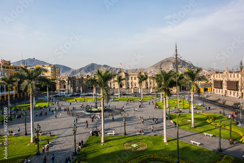 Lima Peru Plaza de Armas with government palace, seat of the president and historic water fountain