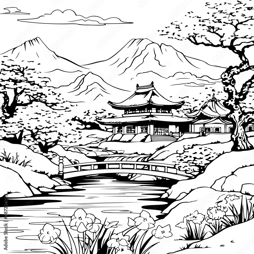 chinese landscape coloring page