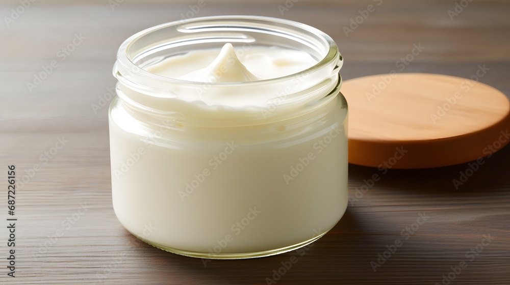 Open Jar of Natural Cosmetic Cream on Wooden Background Open Jar of Natural Cosmetic Cream on Wooden Background