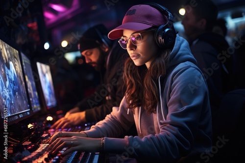 A stylish woman with a vibrant pink cap and headphones sits at her computer, immersed in the world of music as she creates beats and melodies on the piano keyboard