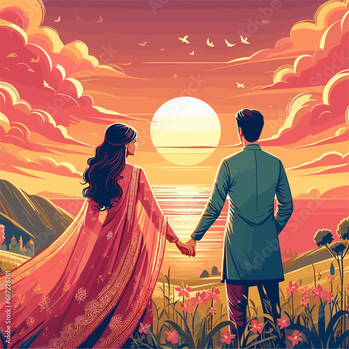 Romantic Sunset Vector Art - Love Couples Holding Hands