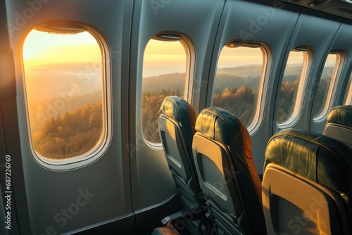 A modern passenger plane glides through the outdoor sky, offering travelers a breathtaking view from their comfortable seats through the large windows, resembling a luxurious car on rails