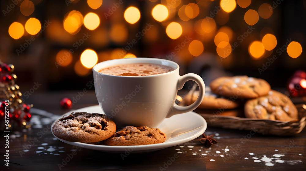 Obraz premium A Cup of Steaming Coffee and Cookies Amidst the Twinkling Lights of the Christmas Market