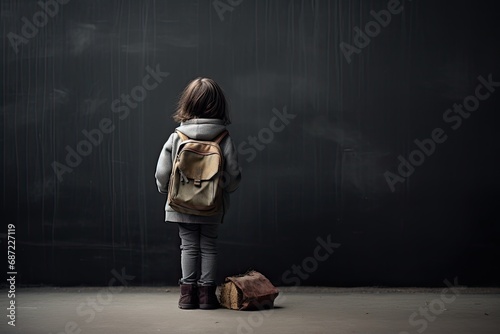Sad little schoolgirl standing alone and expressing loneliness and sadness against a dark wall.