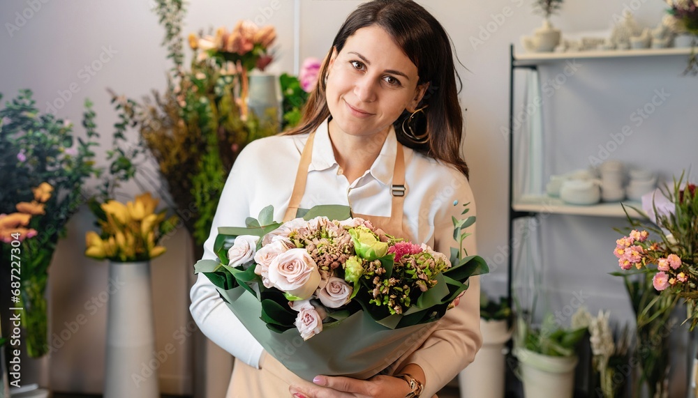 Young florist woman posing smiling and proud in her own flower shop surrounded by beautiful bouquets of flowers. Small business. Entrepreneurial people. Generative AI Young florist woman posing smiling and proud in her own flower shop surrounded by beautiful bouquets of flowers. Small business. Entrepreneurial people. Generative AI