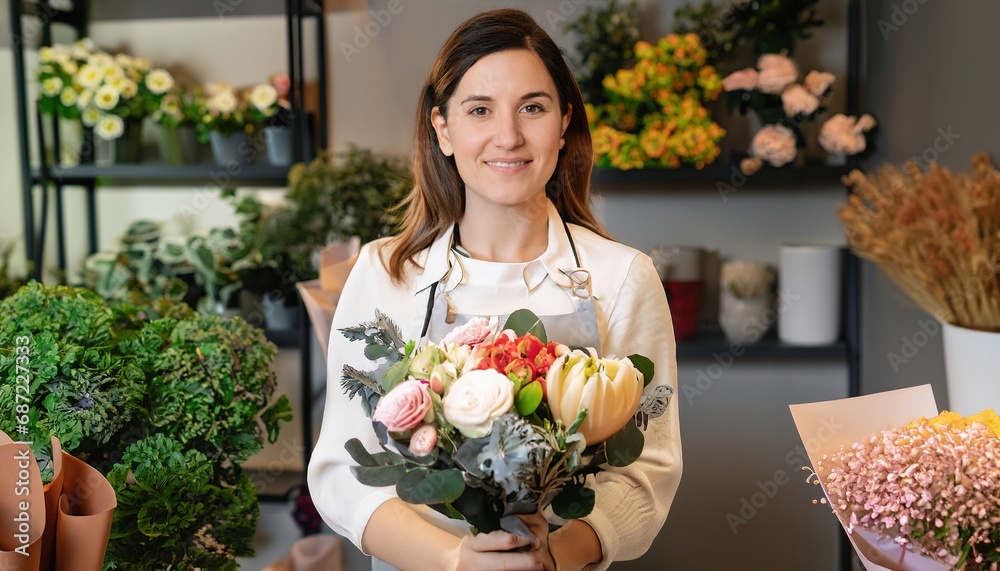 Young florist woman posing smiling and proud in her own flower shop surrounded by beautiful bouquets of flowers. Small business. Entrepreneurial people. Generative AI