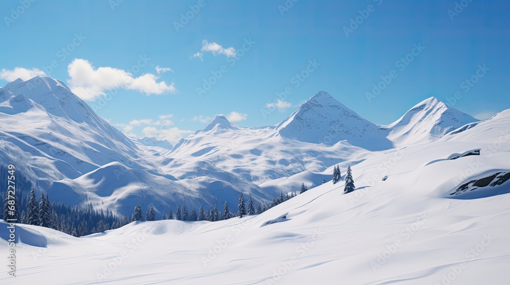 Panoramic photograph of a beautiful landscape of mountains, snowy on a sunny day