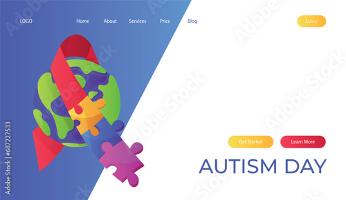 Landing page world autism awareness day with planet ribbon puzzle pieces. International solidarity, asperger’s day. Health care, mental illness. Social media post for poster, banner, cover, card