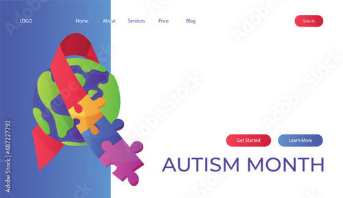 Landing page world autism awareness day with planet ribbon puzzle pieces. International solidarity, asperger’s day. Health care, mental illness. Social media post for poster, banner, cover, card