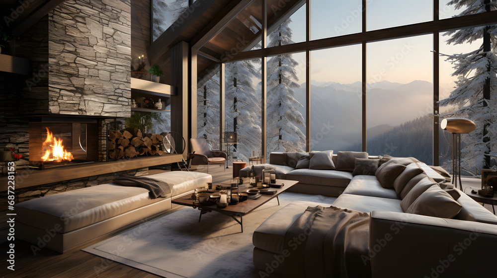 Cozy modern winter living room in the morning,interior with a modern fireplace in a chalet. Cozy modern winter living room in the morning,interior with a modern fireplace in a chalet.