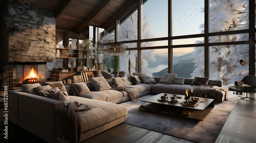 Cozy modern winter living room in the morning interior with a modern fireplace in a chalet.
