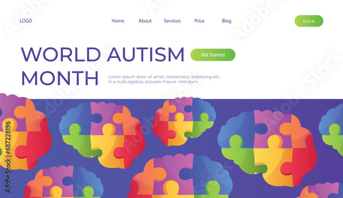 Landing page world autism awareness day with jigsaw brain puzzle pieces. International solidarity, asperger’s day. Health care, mental illness. Social media post for poster, banner, cover, card