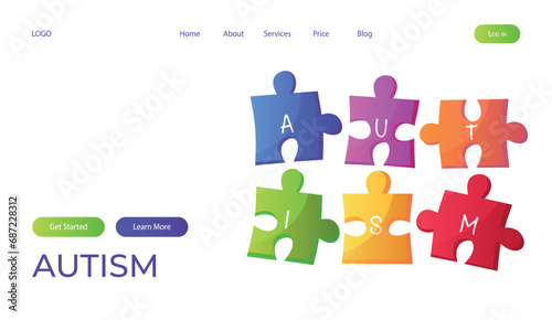 Landing page world autism awareness day with jigsaw puzzle pieces with text. International solidarity, asperger’s day. Health care, mental illness. Social media post for poster, banner, cover, card