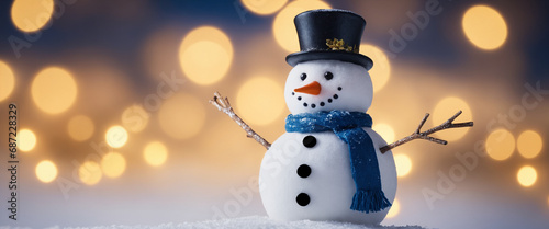 Snowman wearing blue hat and scarf closeup winter holiday Merry Christmas background empty banner With greeting card copy space and bokeh golden yellow background © Ranjan's