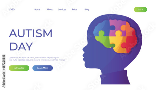 Landing page world autism awareness day with child head with puzzle pieces. International solidarity, asperger’s day. Health care, mental illness. Social media post for poster, banner, cover, card
