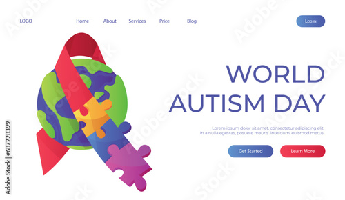 Landing page world autism awareness day with planet ribbon puzzle pieces. International solidarity, asperger’s day. Health care, mental illness. Social media post for poster, banner, cover, card