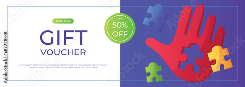 Promo gift banner world autism awareness day with hand colorful puzzle pieces. International solidarity, asperger’s day. Health care, mental illness. Social media post for poster, advertising, cover