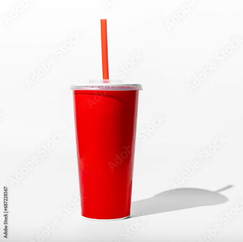 Cuadro en lienzo Blank red paper cup, takeaway mug to go for cold drink with straw