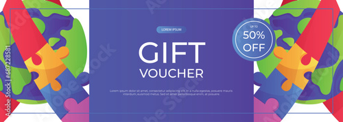 Promo gift voucher world autism awareness day with planet ribbon puzzle pieces. International solidarity, asperger’s day. Health care, mental illness. Social media post for poster, advertising, cover
