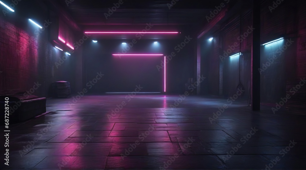 A dark empty street, dark  background, an empty dark scene, neon light, spotlights The asphalt floor and studio room with smoke float up the interior texture. night view Generative AI