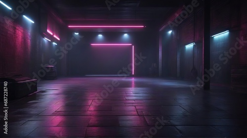 A dark empty street, dark background, an empty dark scene, neon light, spotlights The asphalt floor and studio room with smoke float up the interior texture. night view Generative AI