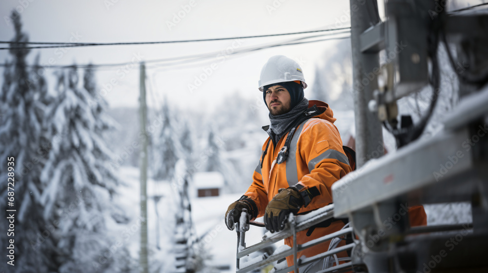 Engineer with safety uniform inspect the electrical system at electricity substation during winter - obrazy, fototapety, plakaty 