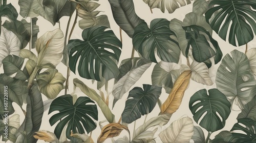 Botanical illustration. Tropical seamless pattern. Rainforest, jungle. Palm leaves, monstera, colocasia, banana. Hand drawing for design of fabric, paper, wallpaper, notebook covers generative AI.