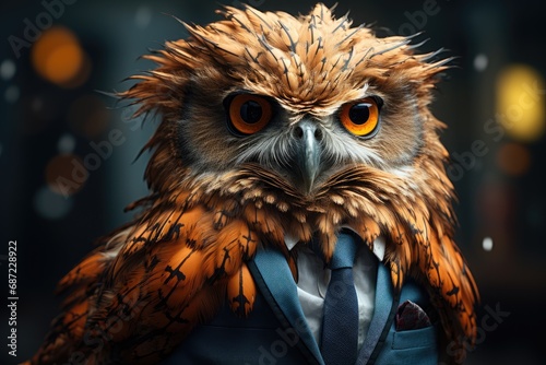 Amidst the lush greenery, a dignified owl dons a sharp suit, exuding a sense of elegance and refinement in the wild