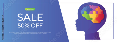 Promo sale banner world autism awareness day with child head with puzzle pieces. International solidarity, asperger’s day. Health care, mental illness. Social media post for poster, advertising, cover