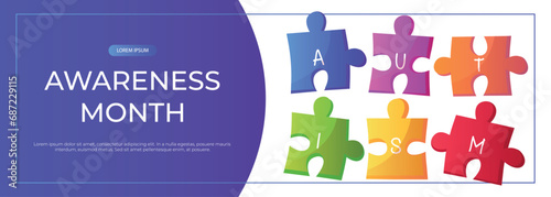 Promo banner world autism awareness day with jigsaw puzzle pieces with text. International solidarity, asperger’s day. Health care, mental illness. Social media post for poster, advertising, cover