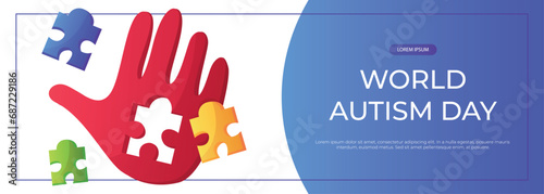 Promo banner world autism awareness day with hand colorful puzzle pieces. International solidarity, asperger’s day. Health care, mental illness. Social media post for poster, advertising, cover