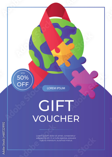Promo gift voucher world autism awareness day with planet ribbon puzzle pieces. International solidarity, asperger’s day. Health care, mental illness. Social media post. A4 for poster, banner, cover