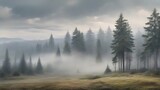 Misty landscape with fir forest in vintage retro style generative AI.