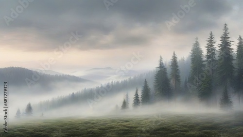 Misty landscape with fir forest in vintage retro style generative AI.