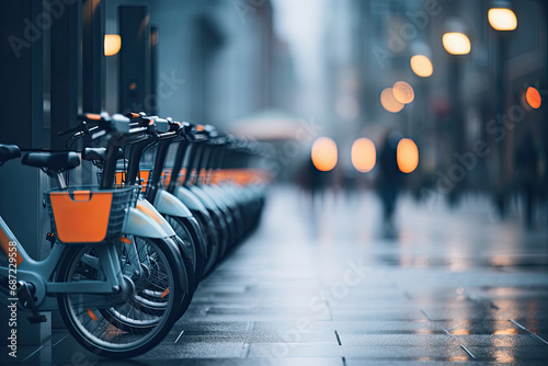 Bicycles parked along a city street create a cityscape on a cloudy rainy day.